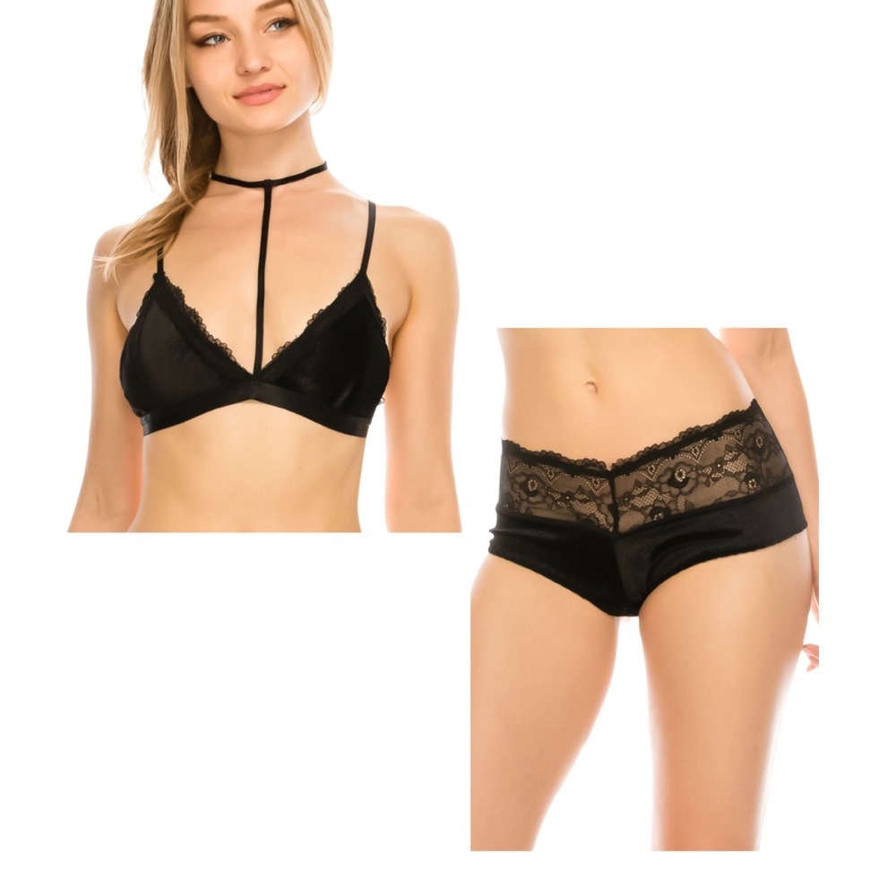 Triangle Velvet Bralette And Panty Set w/Lace NEW!